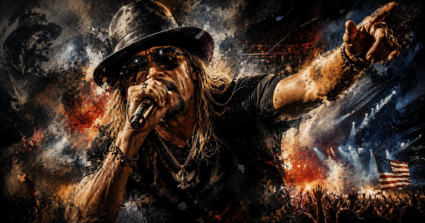 Kid Rock performing live on stage with a guitar, capturing his genre-defying career and rise to music stardom.