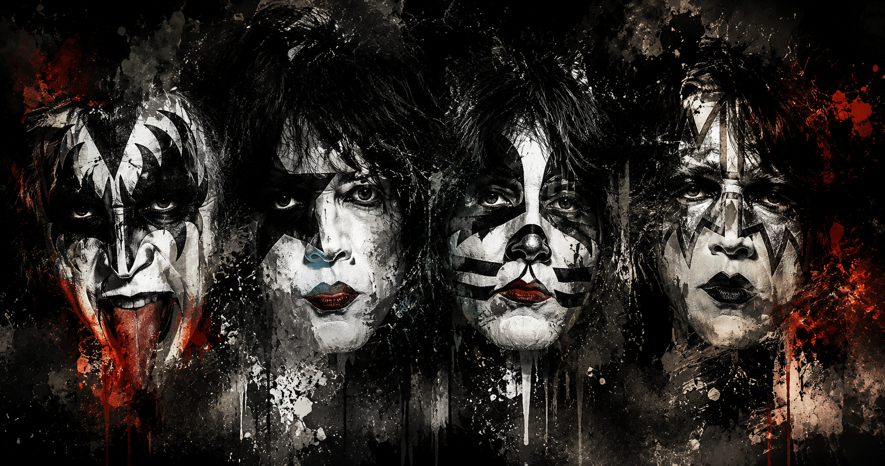 KISS performing on stage in signature black-and-white makeup with pyrotechnics, showcasing the band's legendary live performance and rock legacy.