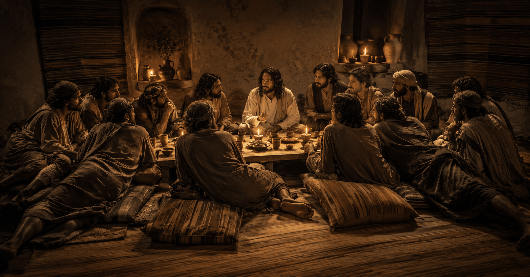 Jesus sharing the Last Supper with His disciples, representing His final meal, humble service, betrayal, and sacrifice before the cross.