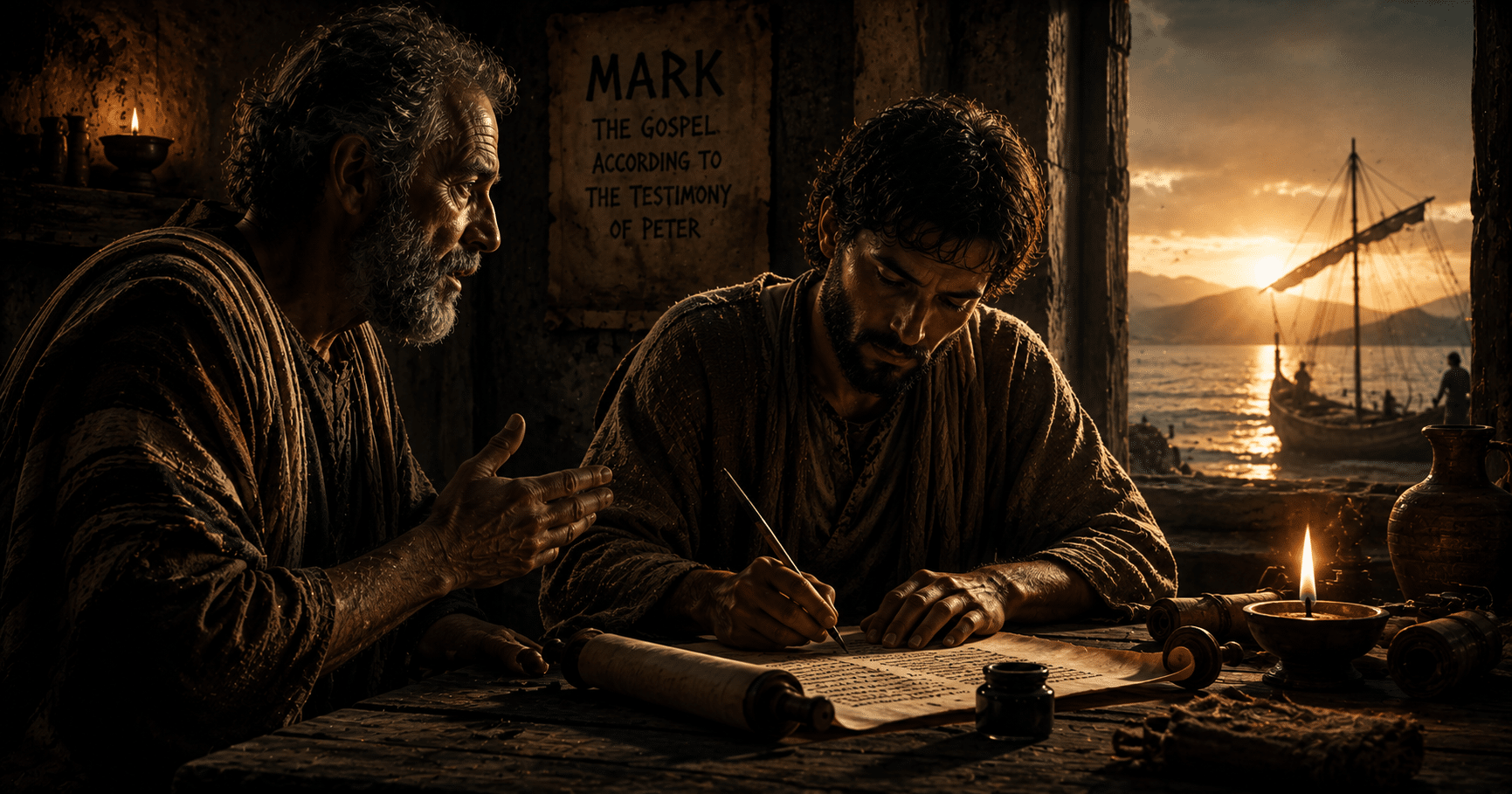 Open Bible displaying the Gospel of Mark, representing John Mark's inspired account of Jesus Christ's life, ministry, death, and resurrection.