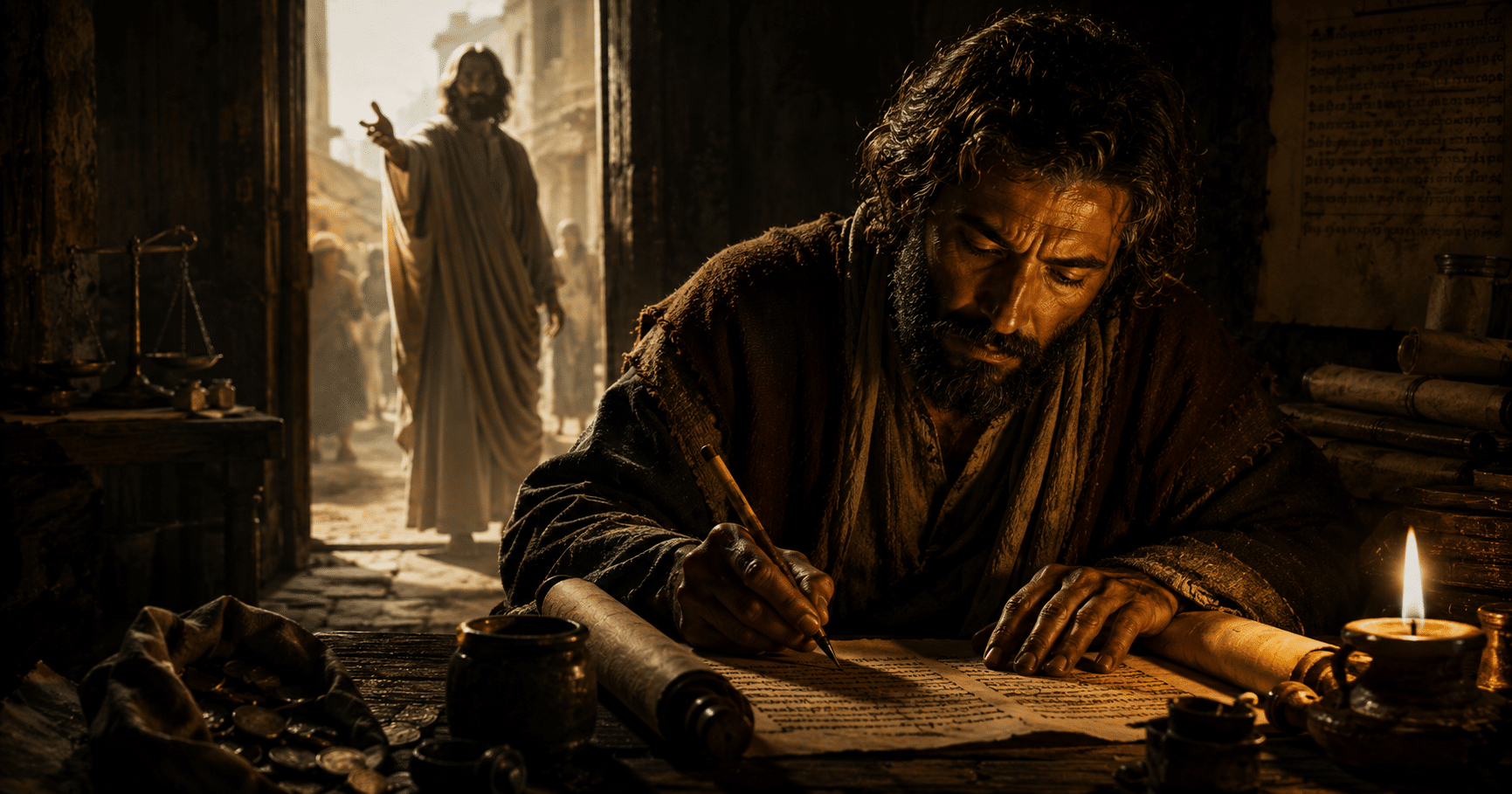 Open Bible displaying the Gospel of Matthew, symbolizing Matthew the apostle's inspired account of Jesus Christ and His kingdom.
