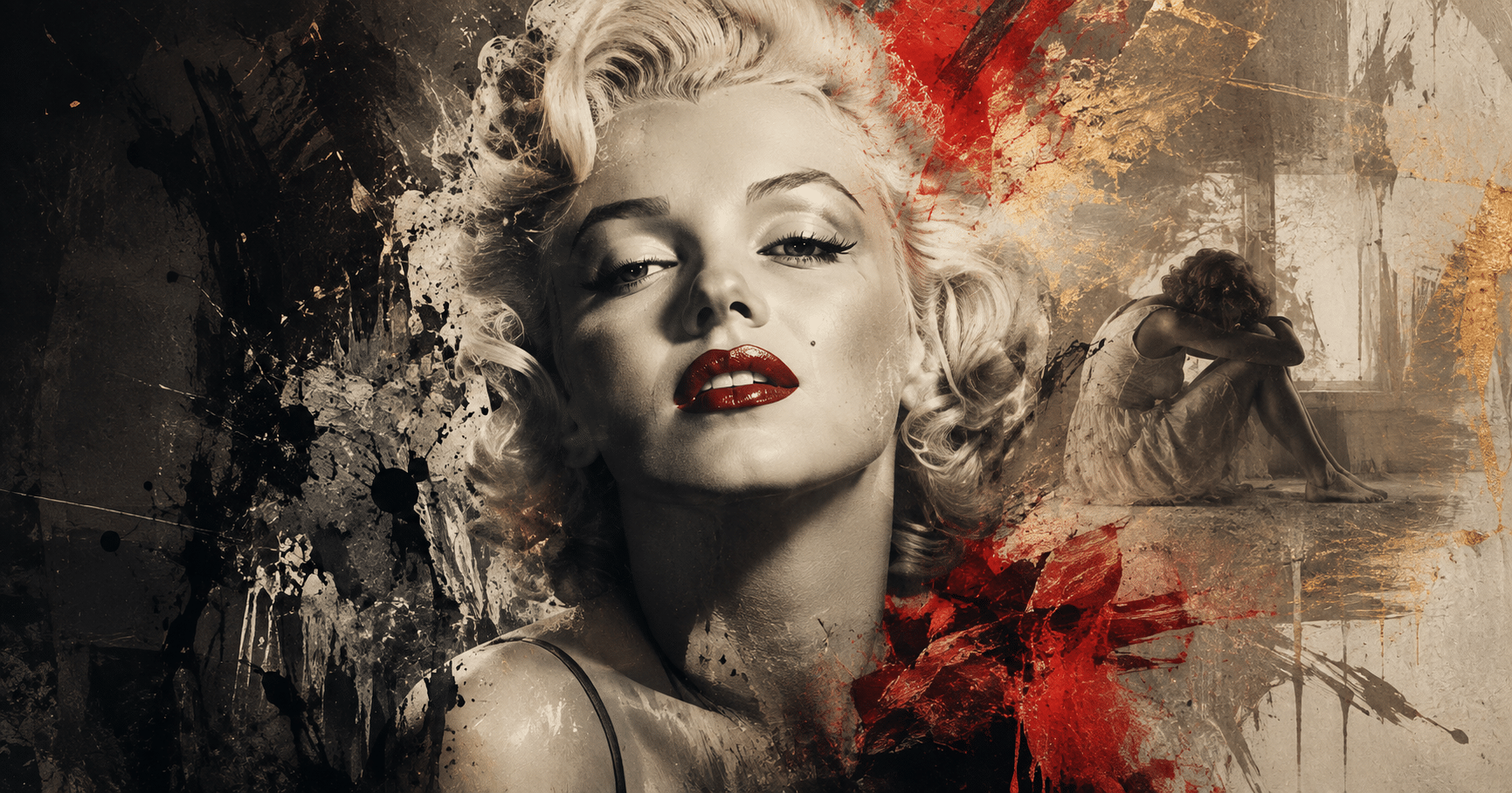Marilyn Monroe portrait representing her Hollywood fame, troubled childhood, personal struggles, and lasting legacy