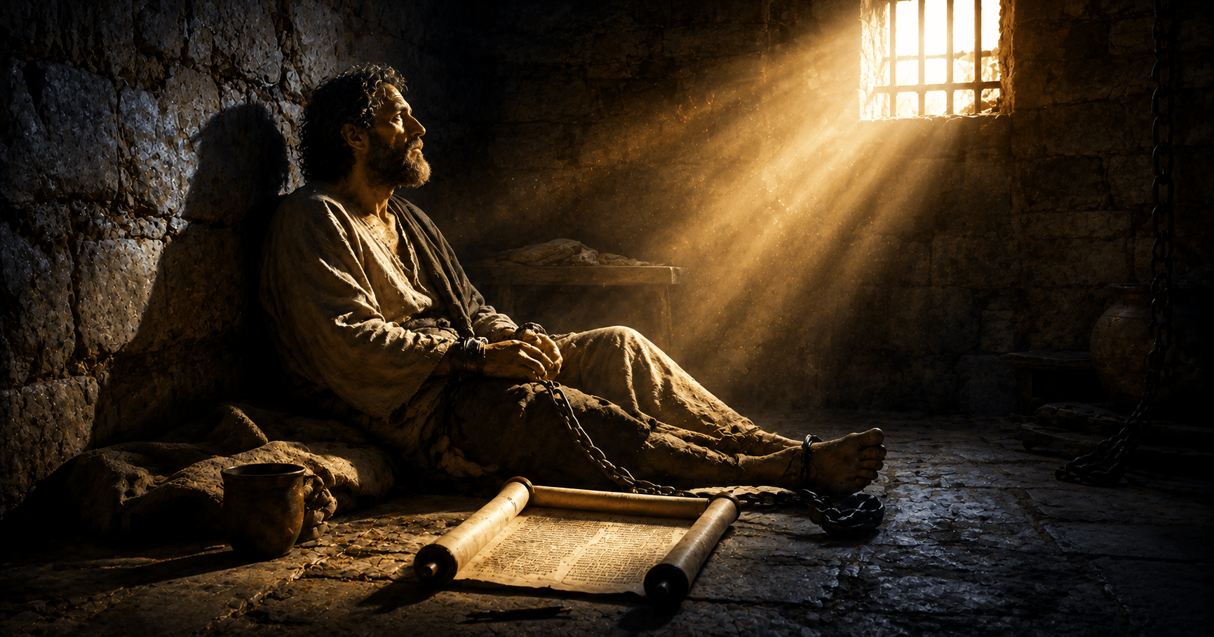 Open Bible representing the Book of Philippians, with imagery symbolizing Paul's imprisonment, Christian joy, faith, humility, and hope in Christ.