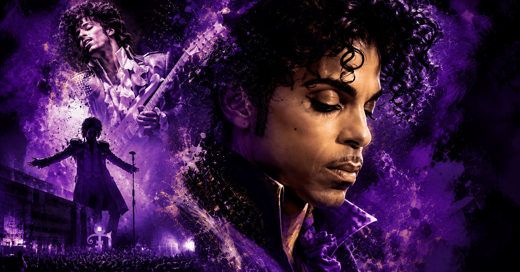 Prince performing on stage with a guitar, representing his musical genius, Purple Rain era, artistic freedom, and lasting legacy.