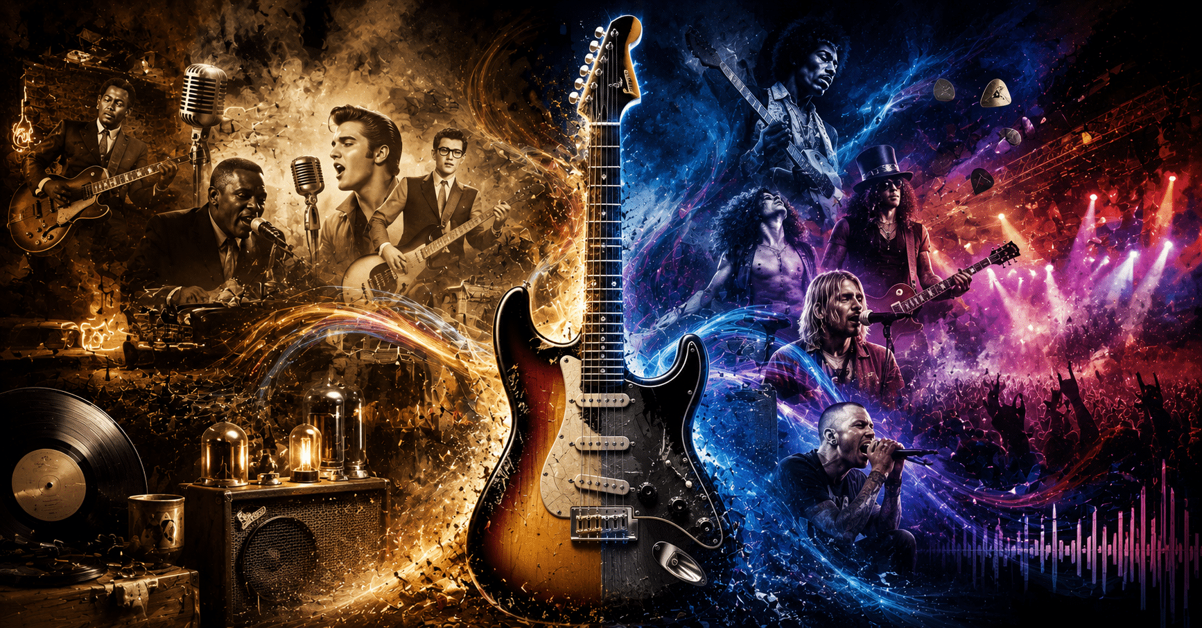 Legendary rock musicians performing on stage, representing the history and evolution of rock and roll music from blues to modern rock.