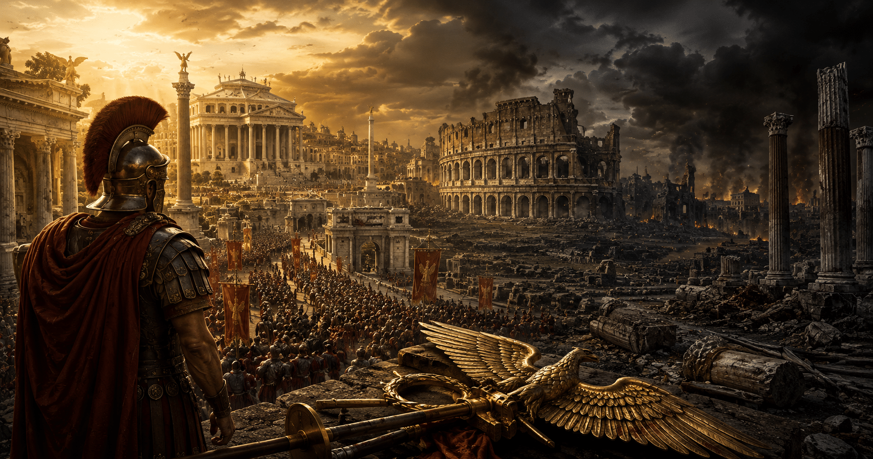 Rise and fall of the Roman Empire showing ancient Rome, its empire, architecture, armies, and eventual decline.