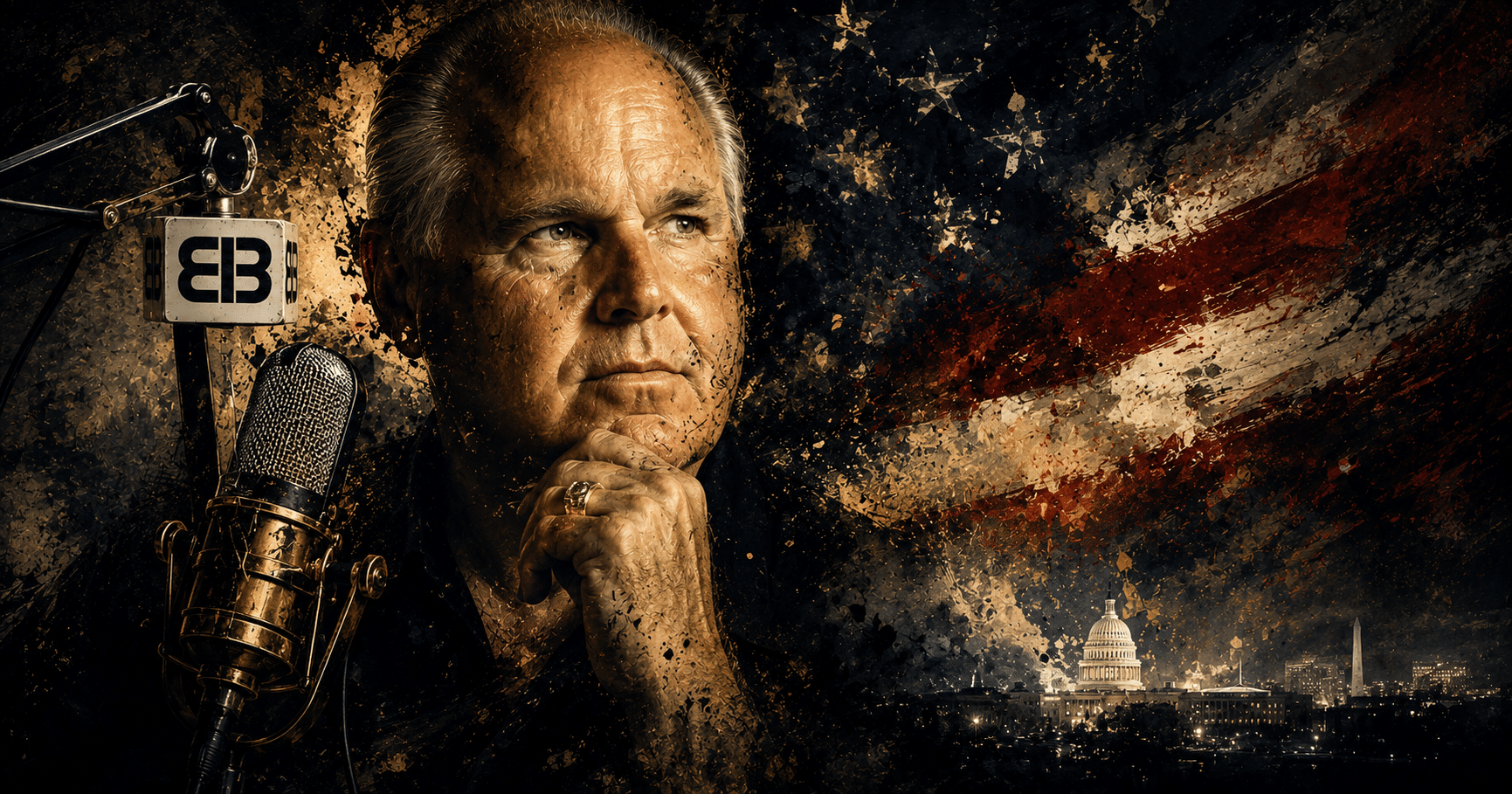 Rush Limbaugh speaking into a microphone during his influential career as a conservative radio talk show host.