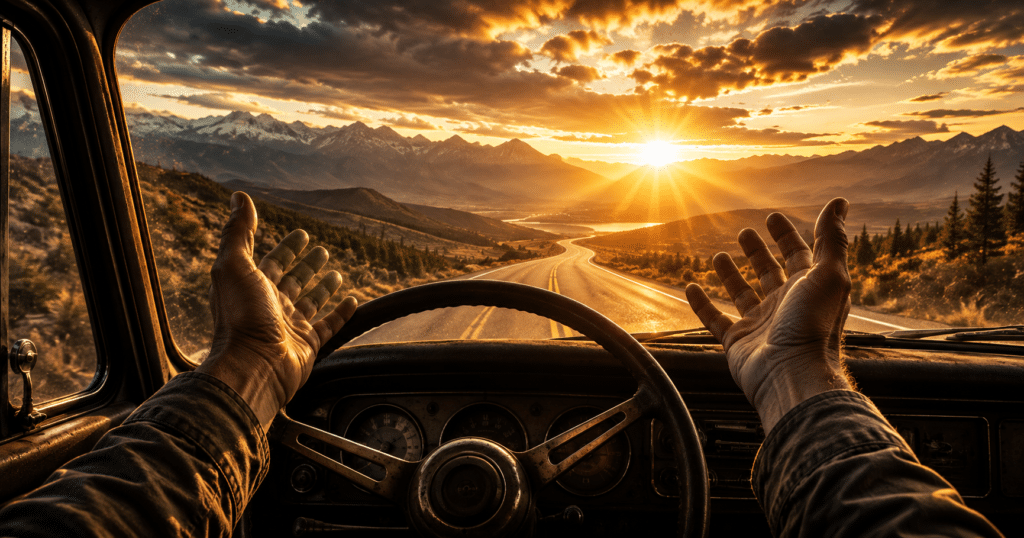 Person letting God take the steering wheel, symbolizing faith, trust, peace, and surrendering control to God's guidance.