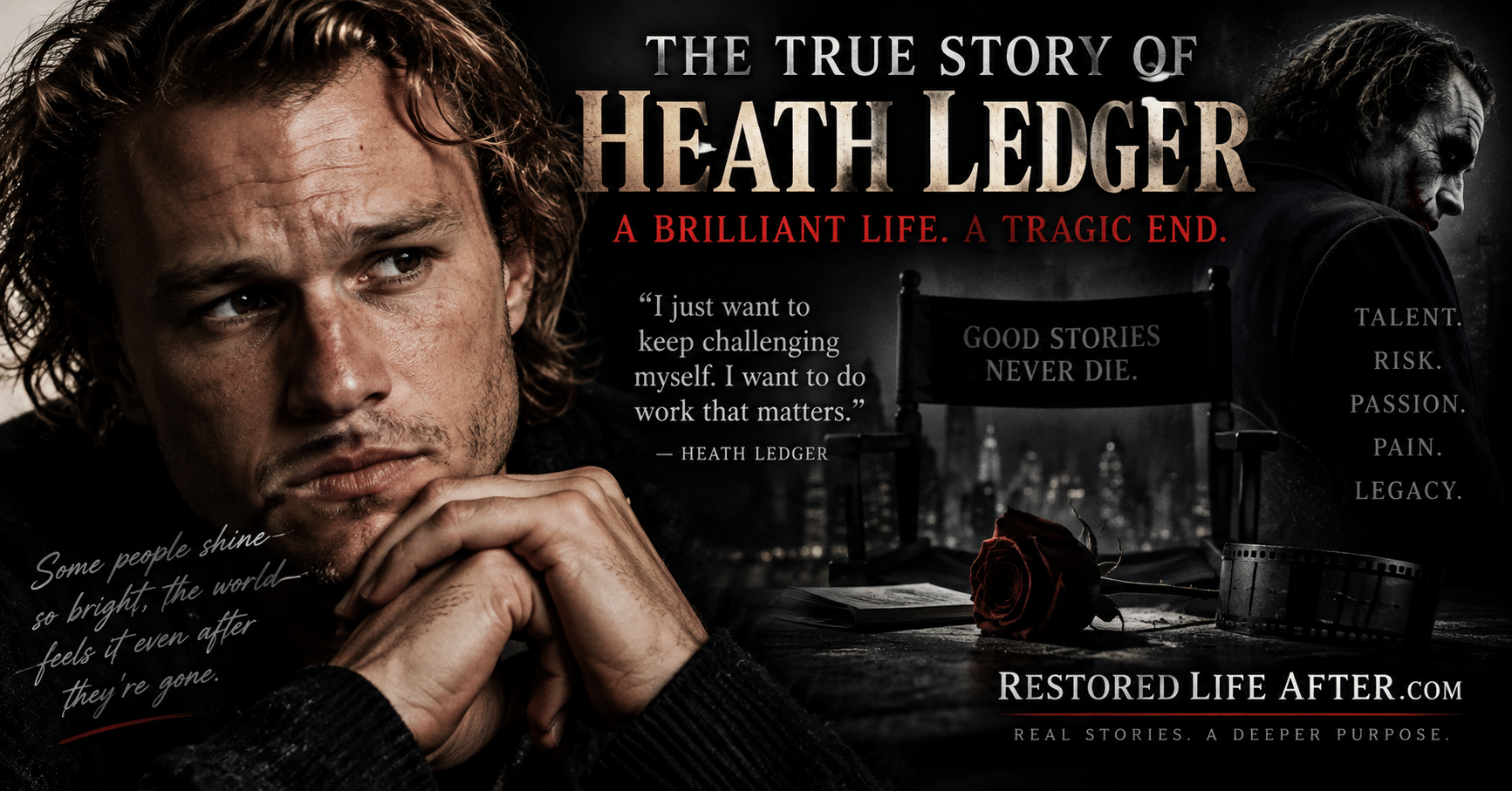 Heath Ledger true story showing his journey from Perth to Hollywood, The Dark Knight, his Joker role, Oscar win, and lasting legacy