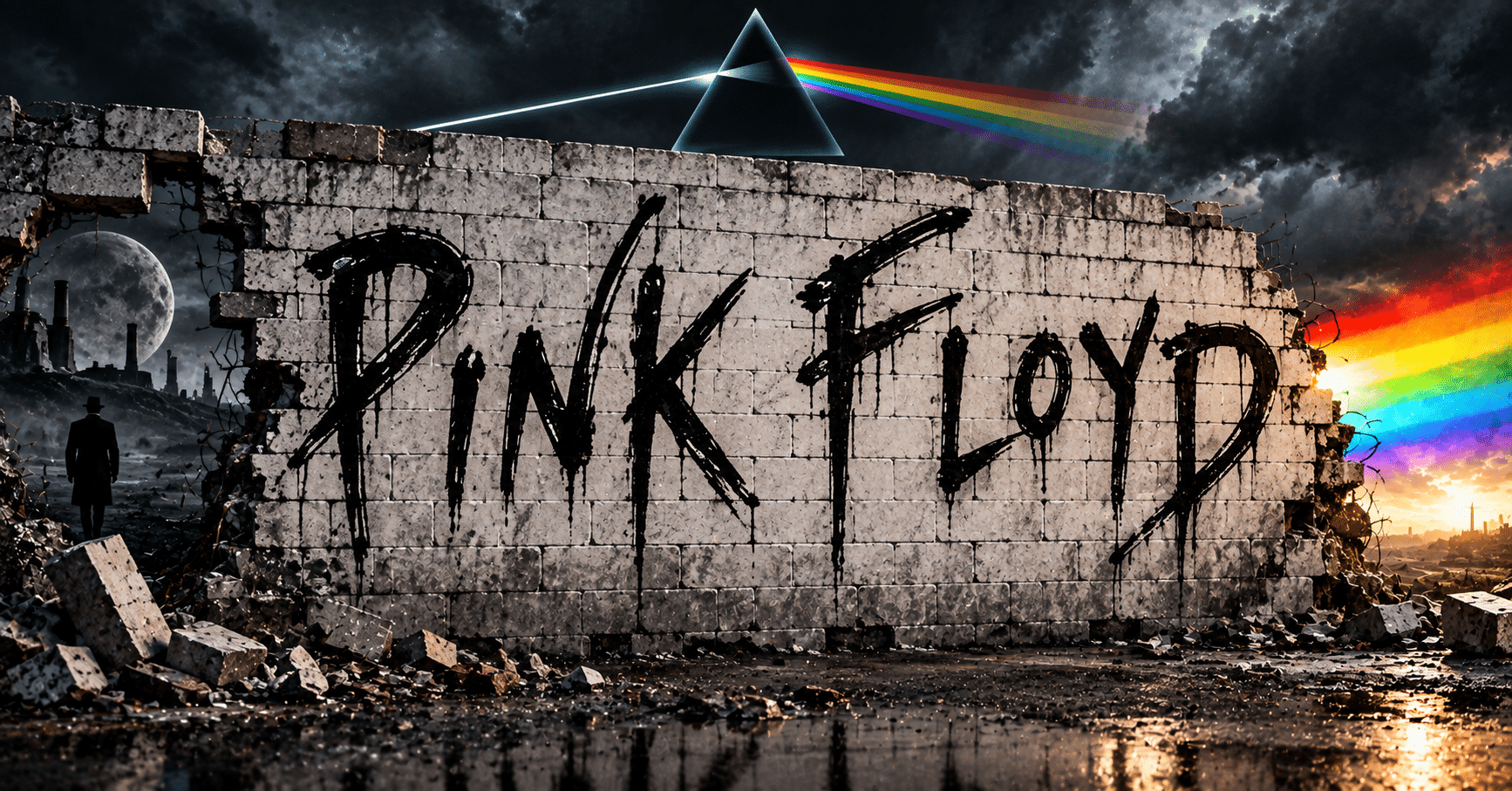 Pink Floyd true story showing Syd Barrett, Roger Waters, David Gilmour, Richard Wright, and Nick Mason behind The Wall