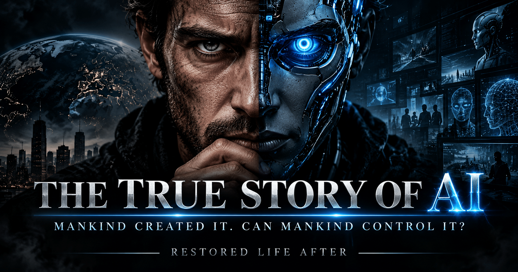 Artificial intelligence represented by a glowing digital human face surrounded by computer code, symbolizing AI's growing influence on humanity.