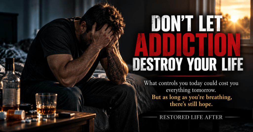Don't let addiction destroy your life, representing hope, courage, recovery, and the journey toward freedom from addiction.