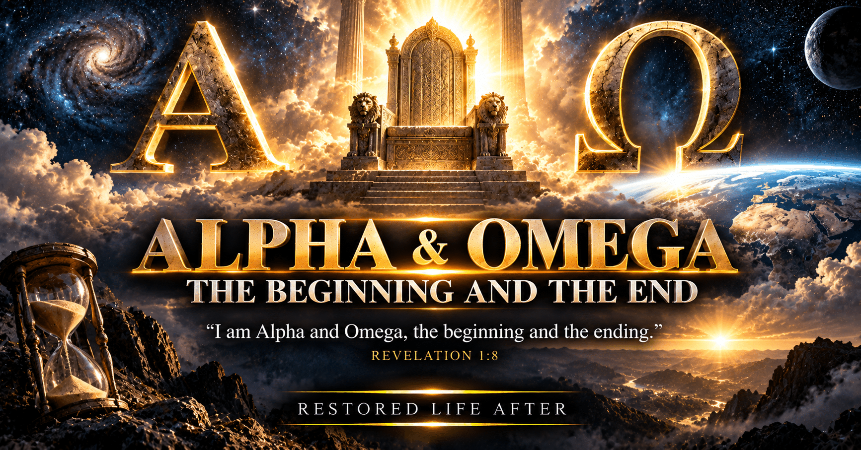 Open Bible with golden light shining through clouds, symbolizing God as the Alpha and Omega, the beginning and the end, and the promise of eternity.
