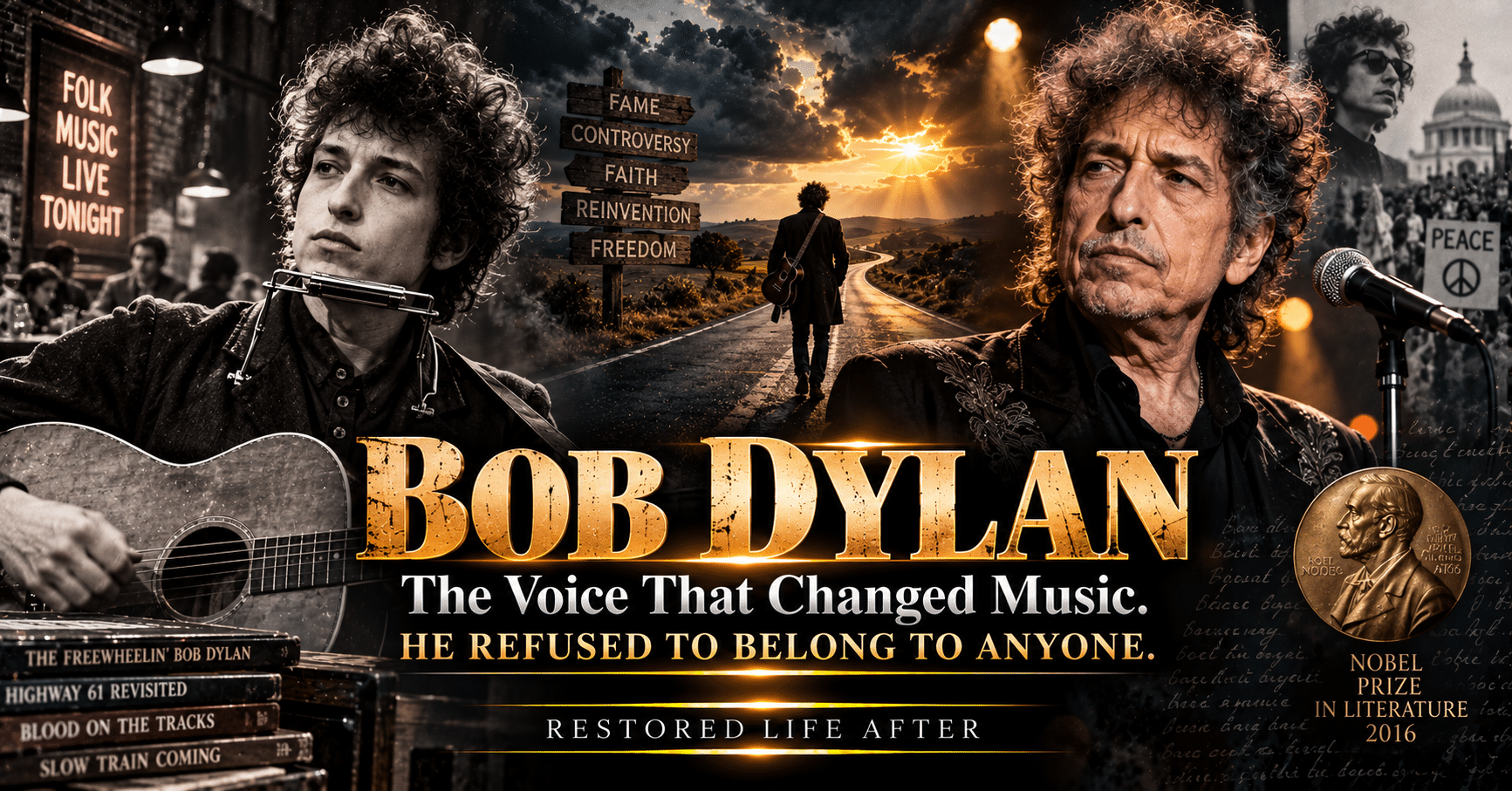 Bob Dylan performing with a guitar and harmonica, representing his legendary music career, spiritual journey, and lasting influence.