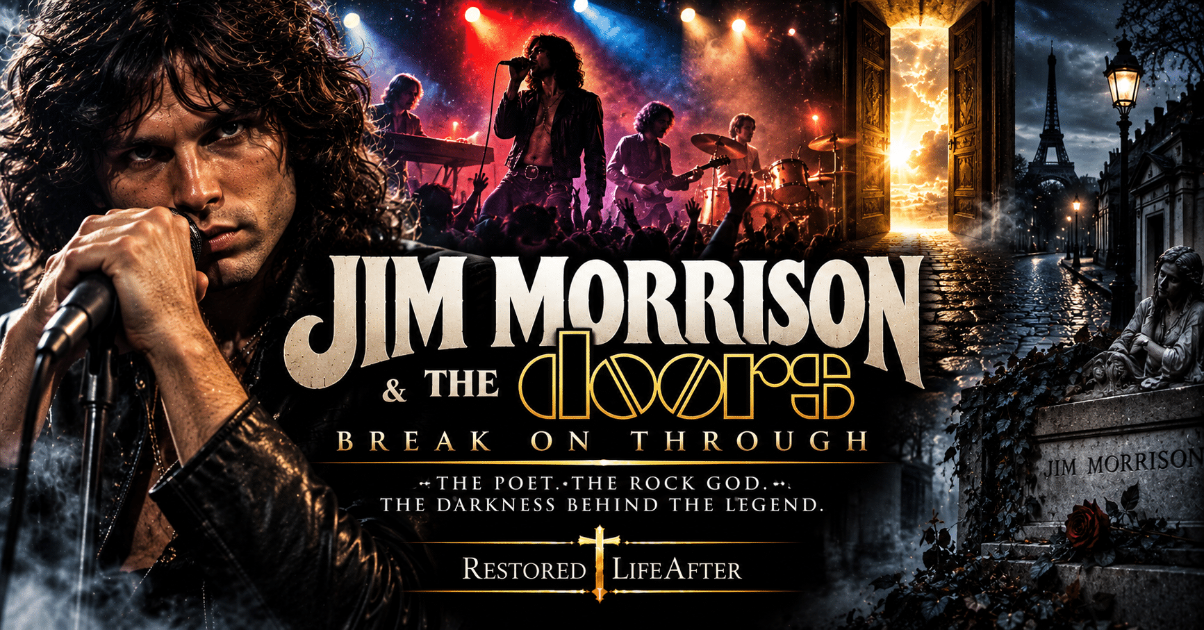 Jim Morrison true story showing The Doors singer during his rise to fame, musical success, controversy, and final years