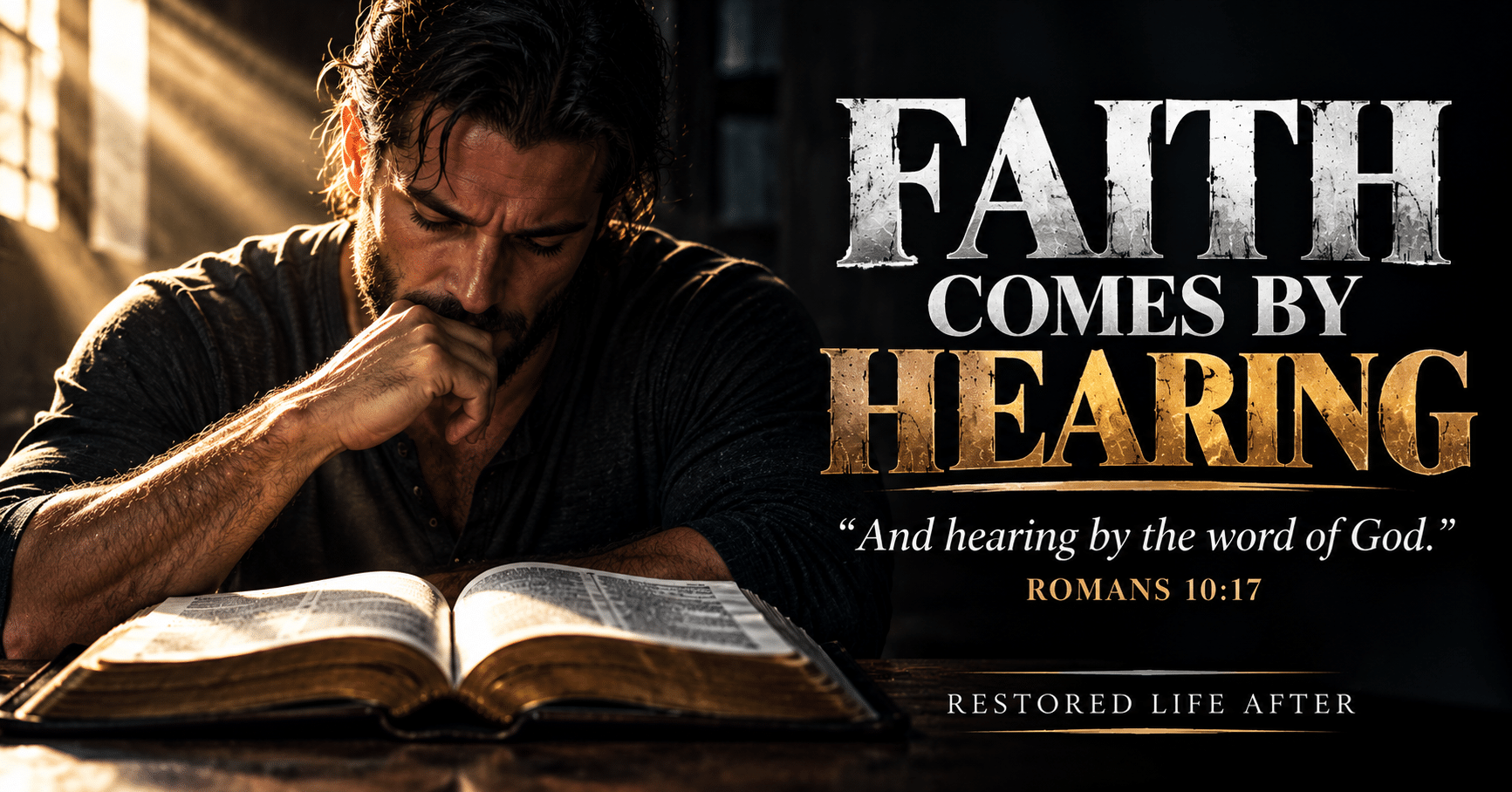 How faith begins according to Romans 10:17, showing an open Bible representing God's Word, Christian faith, and spiritual growth.