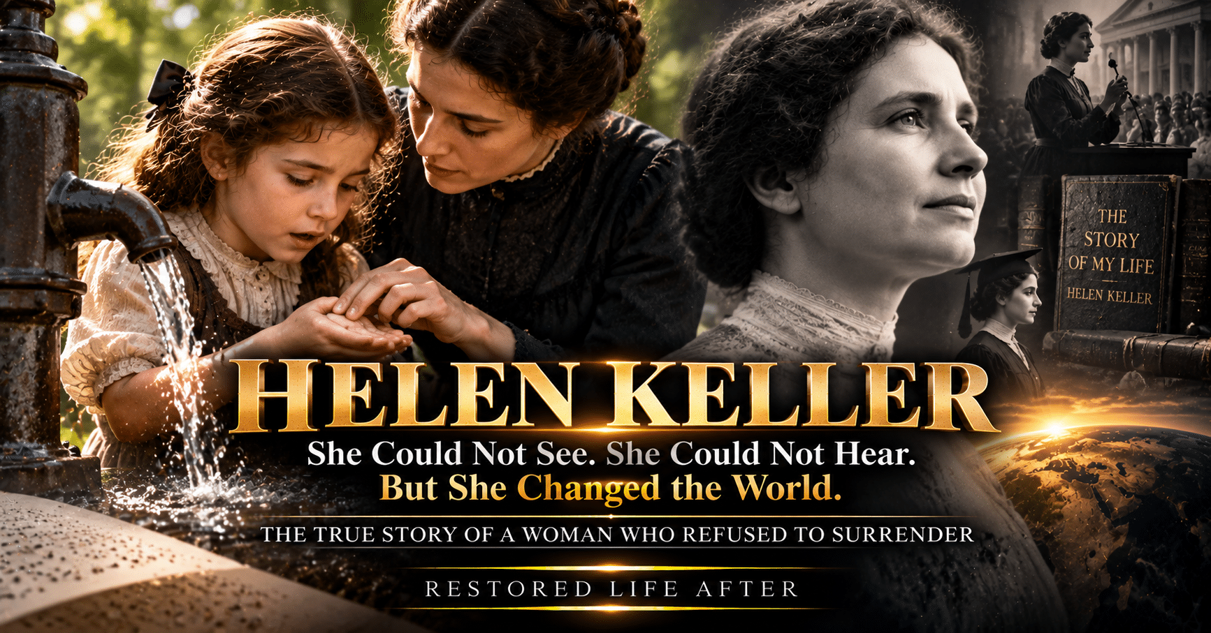Helen Keller with her teacher Anne Sullivan, representing her journey from childhood isolation to education, independence, and disability rights advocacy.