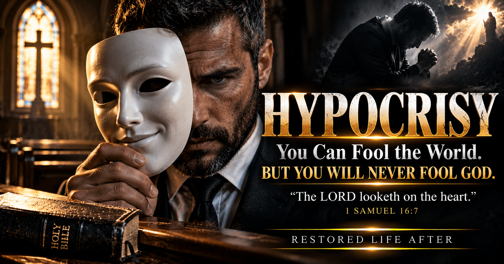 Open Bible on a dark wooden table, symbolizing biblical teachings about hypocrisy, examining the heart, and practicing genuine faith in God.