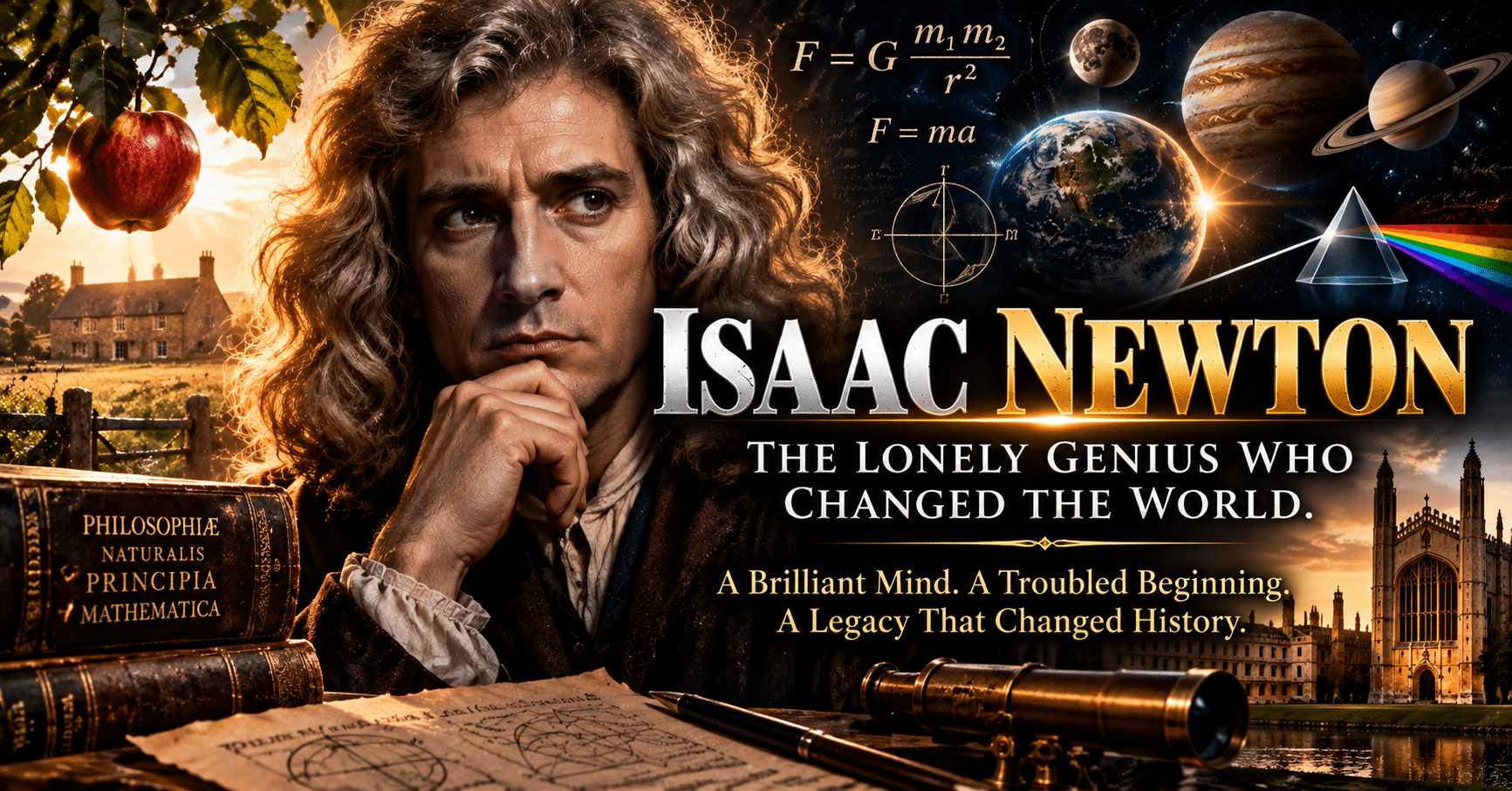 Portrait of Sir Isaac Newton, the pioneering scientist who transformed our understanding of gravity, motion, mathematics, and the universe.