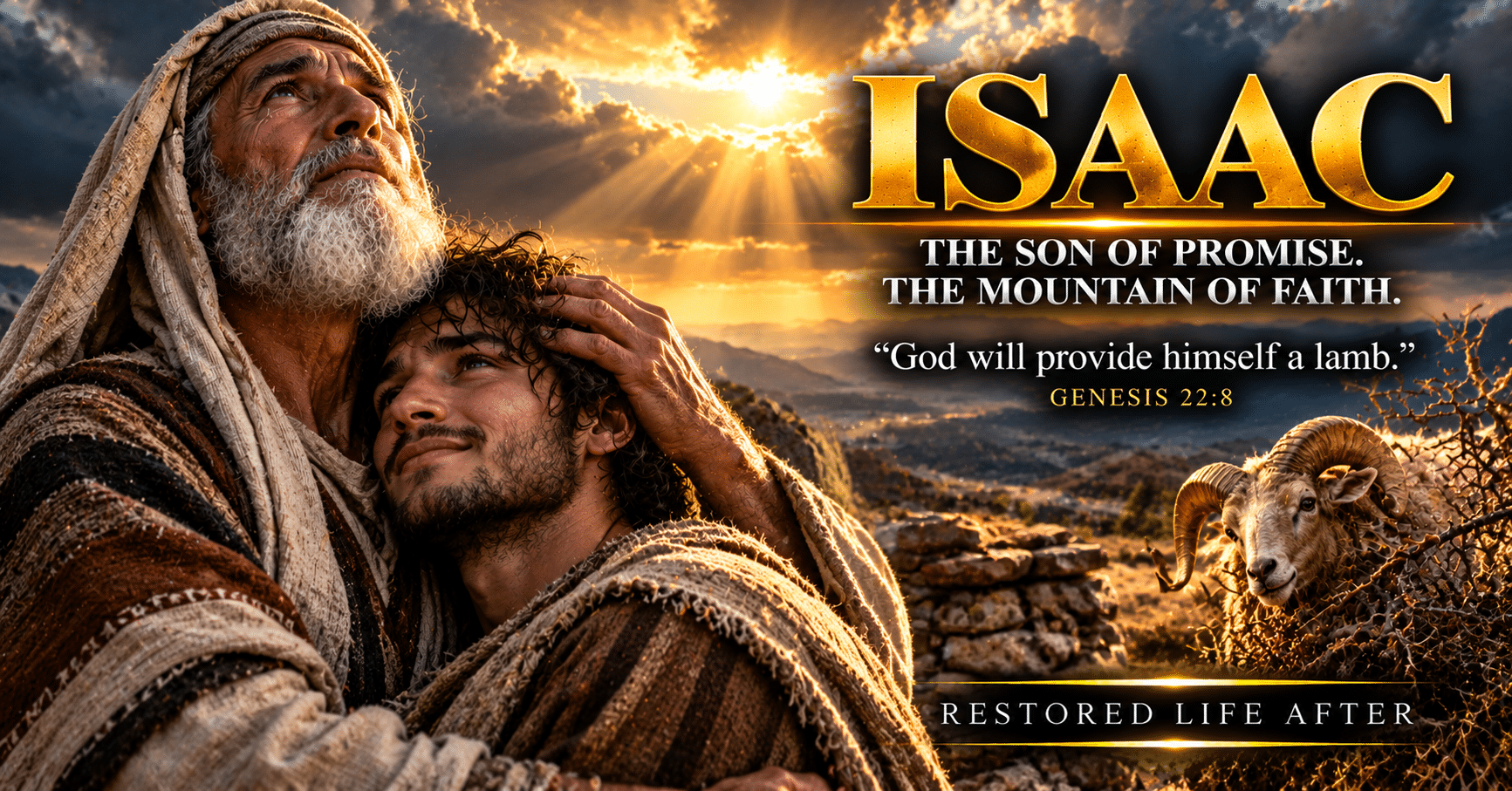 Biblical illustration of Abraham and Isaac on Mount Moriah, depicting the test of faith and God's provision of a ram for the sacrifice.
