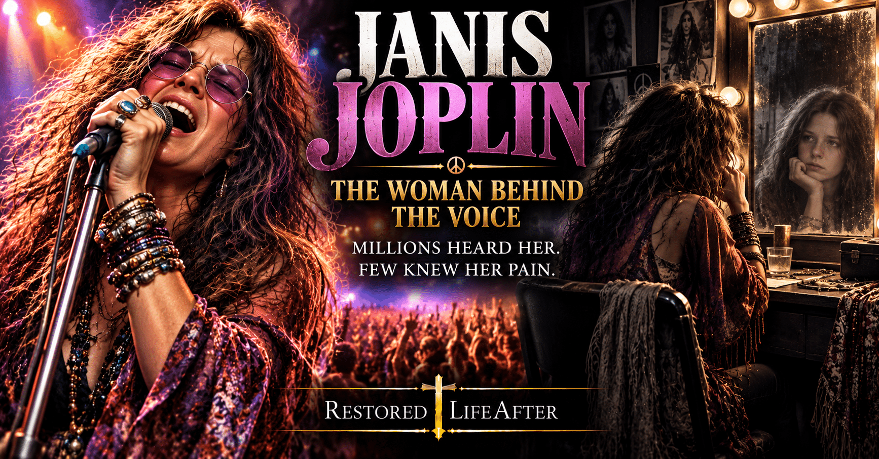 Janis Joplin true story showing the legendary singer performing on stage during her rise to fame and lasting musical legacy