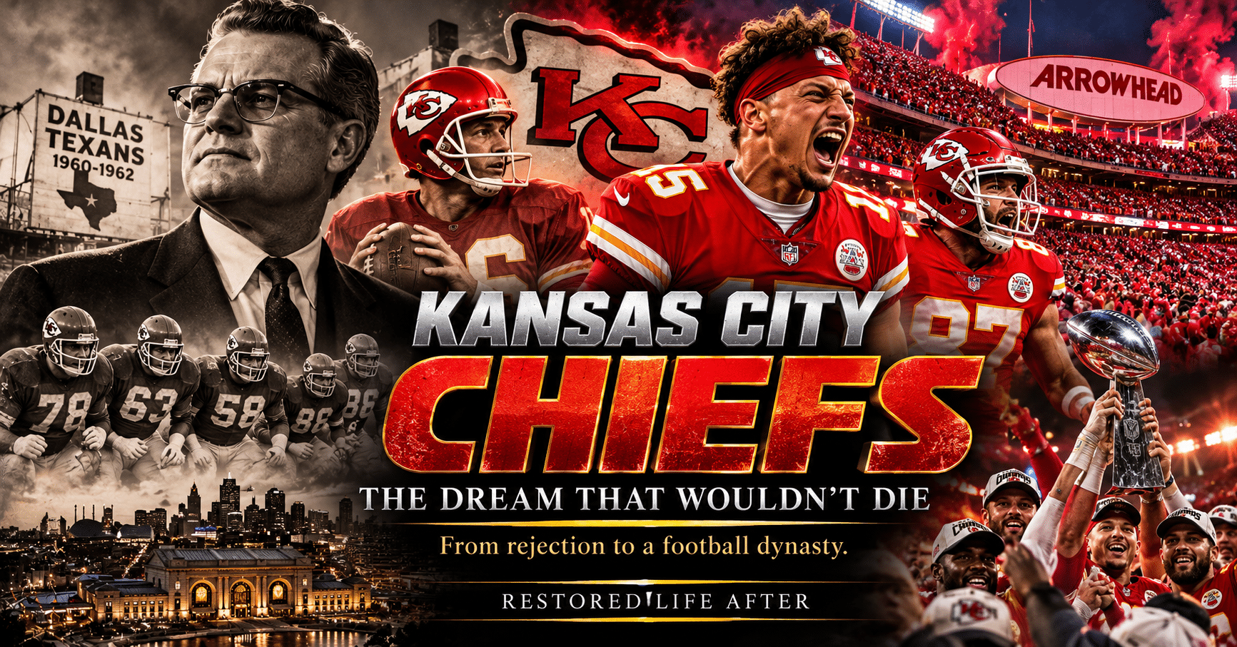 True story of the Kansas City Chiefs, featuring the team's red and gold colors and its journey from the AFL to multiple Super Bowl championships.