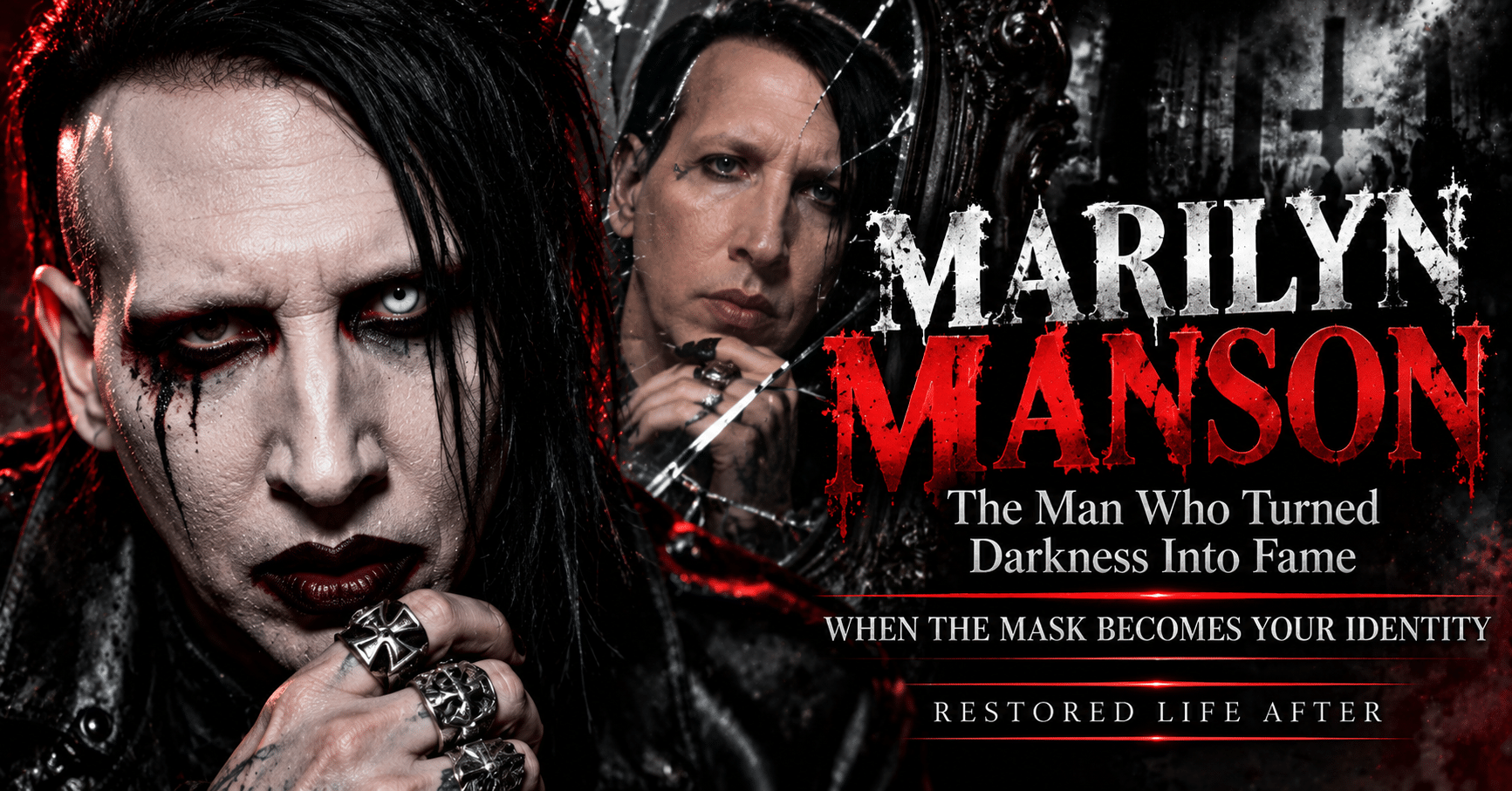 Marilyn Manson in his signature dark makeup and theatrical style, reflecting his rise to shock-rock fame and the controversies surrounding his life.