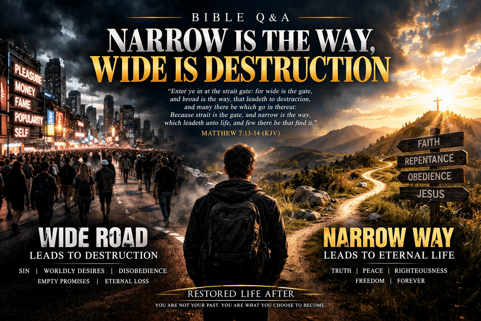Two contrasting roads, one wide and crowded and the other narrow and leading toward light, symbolizing Jesus' teaching in Matthew 7:13–14.