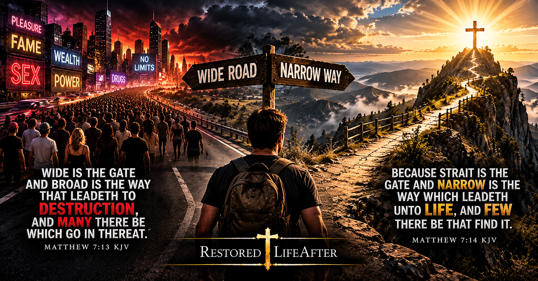 Narrow is the way and wide is the road, illustrating Jesus' teaching in Matthew 7:13–14 about life and destruction
