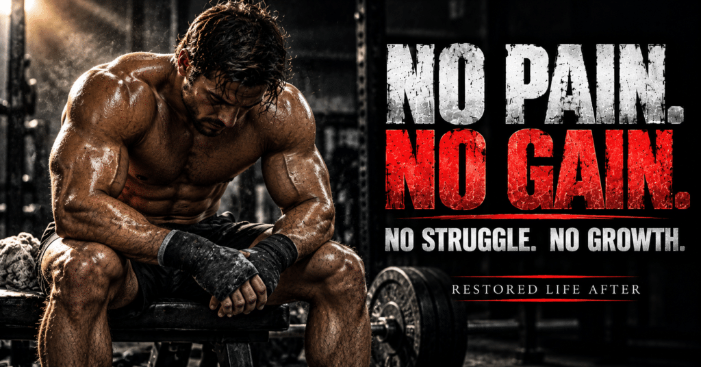 No pain no gain, representing strength, discipline, perseverance, and the determination to overcome challenges and achieve personal growth.