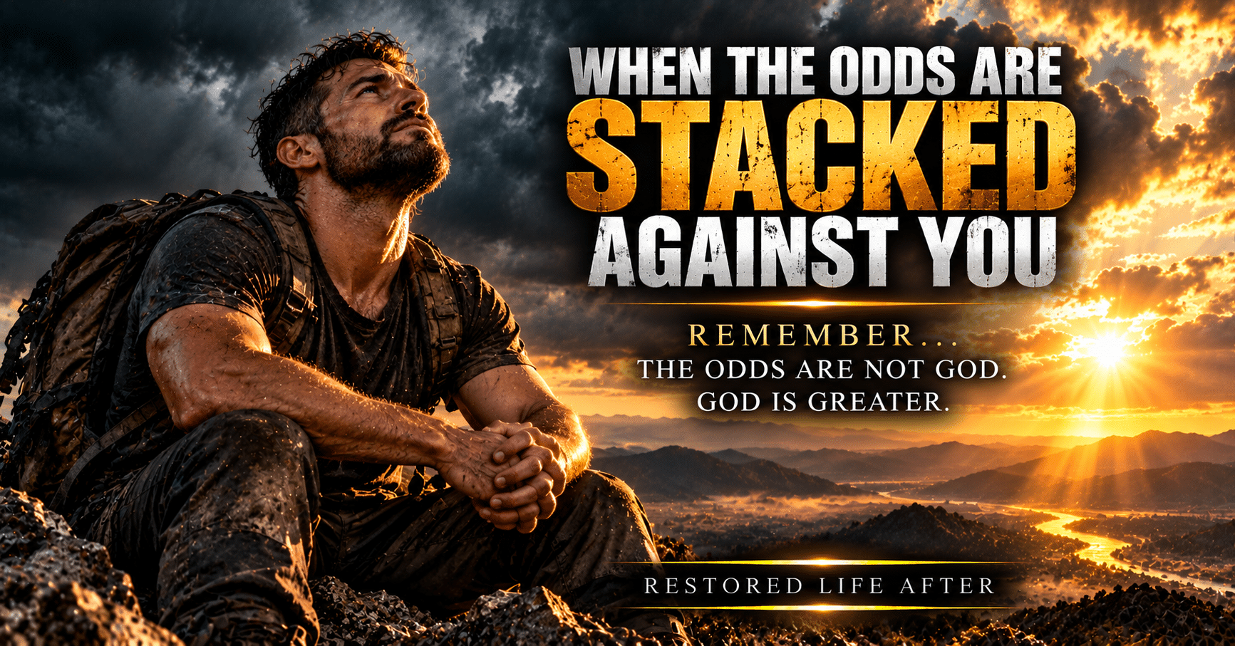 Lone warrior standing before a towering giant under stormy skies, symbolizing faith, courage, and trusting God when the odds are stacked against you.