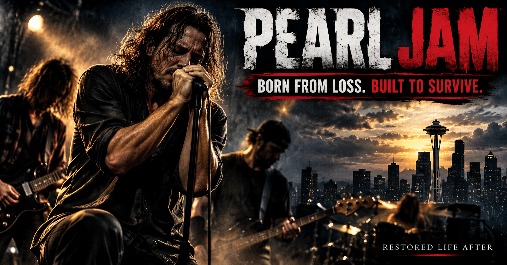 True story of Pearl Jam, featuring Eddie Vedder performing with the rock band known for its music, resilience, and powerful legacy.