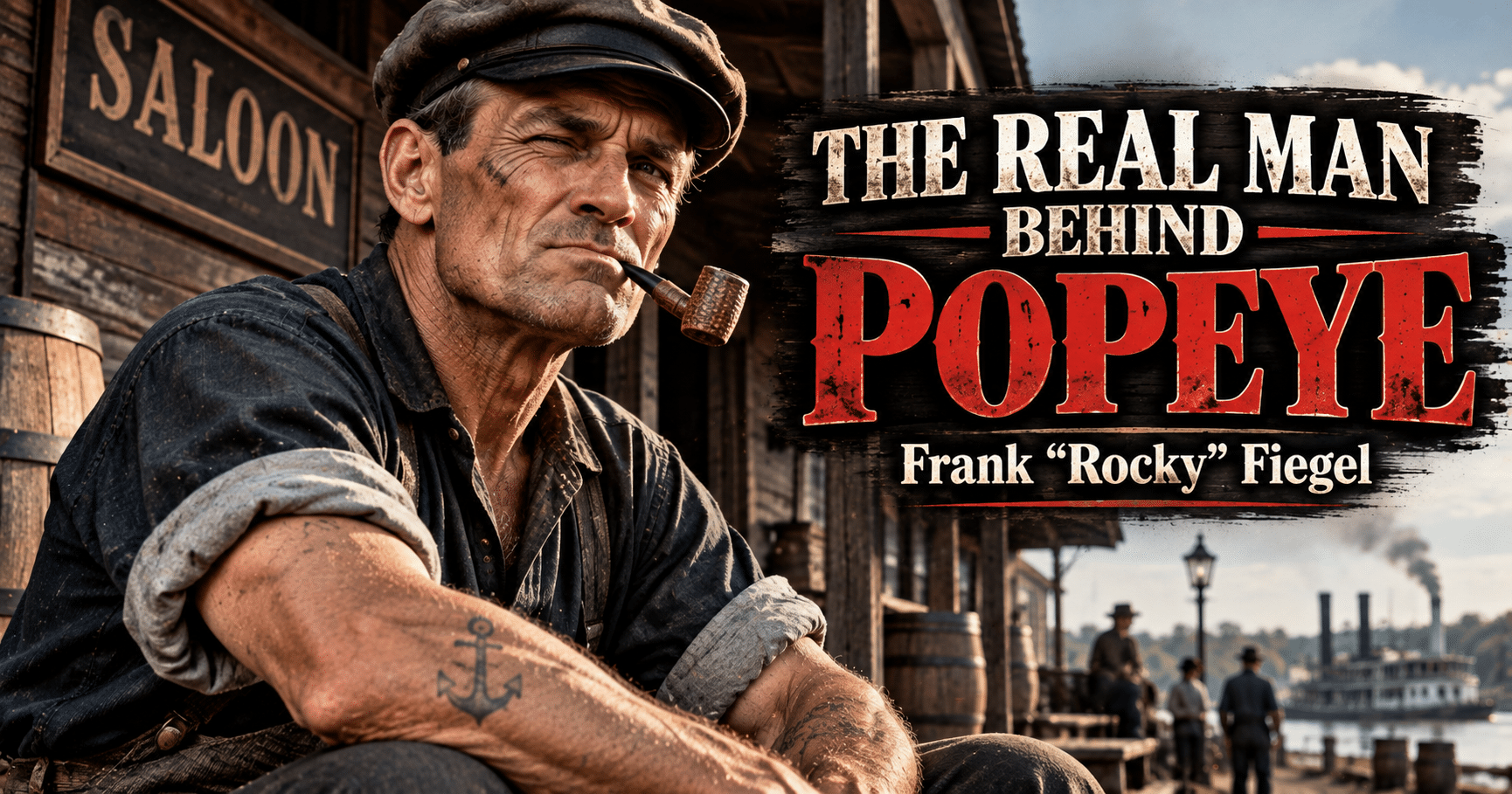 True story behind Popeye, featuring the classic cartoon sailor and Frank “Rocky” Fiegel, the real-life man believed to have inspired him.