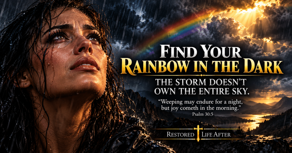 Find your rainbow in the dark, symbolizing hope, faith in God, and finding light during life's darkest seasons
