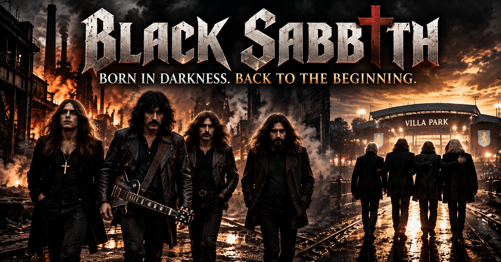 Black Sabbath true story showing Ozzy Osbourne, Tony Iommi, Geezer Butler, and Bill Ward and their journey through adversity