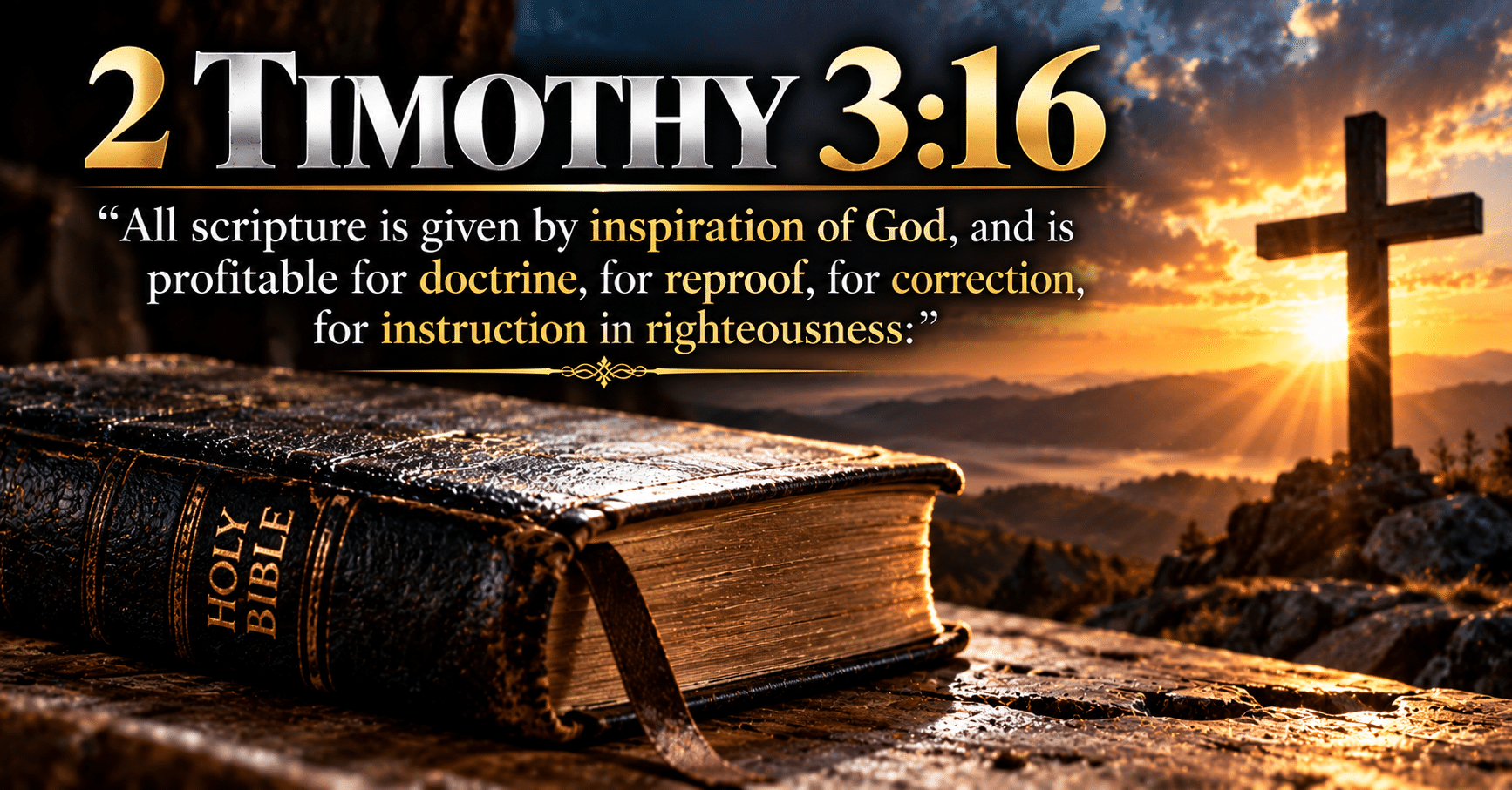 Open Bible representing 2 Timothy 3:16 and the truth that God's Word teaches, corrects, and guides Christians in righteousness.
