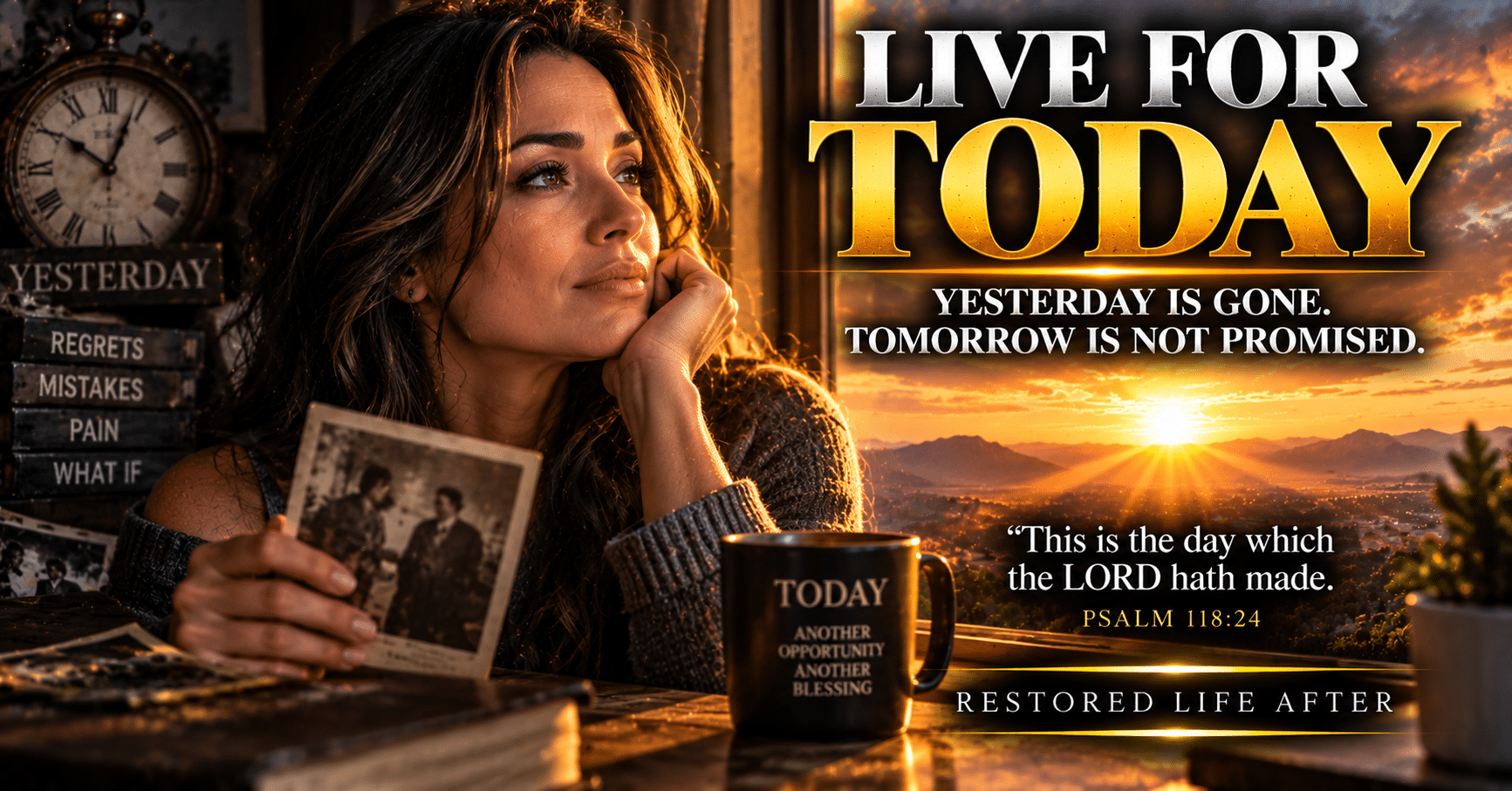 Open Bible beside a sunrise, symbolizing living for today, letting go of past regrets, trusting God with tomorrow, and embracing each day with faith.