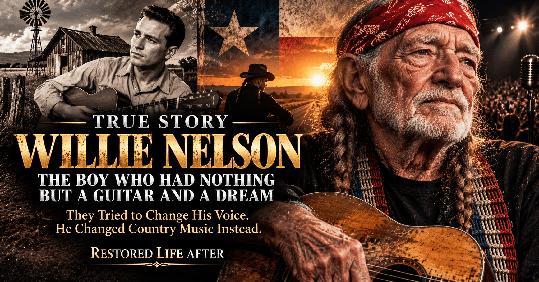 Willie Nelson holding his guitar, representing his journey from a difficult childhood in Texas to legendary success in country music.